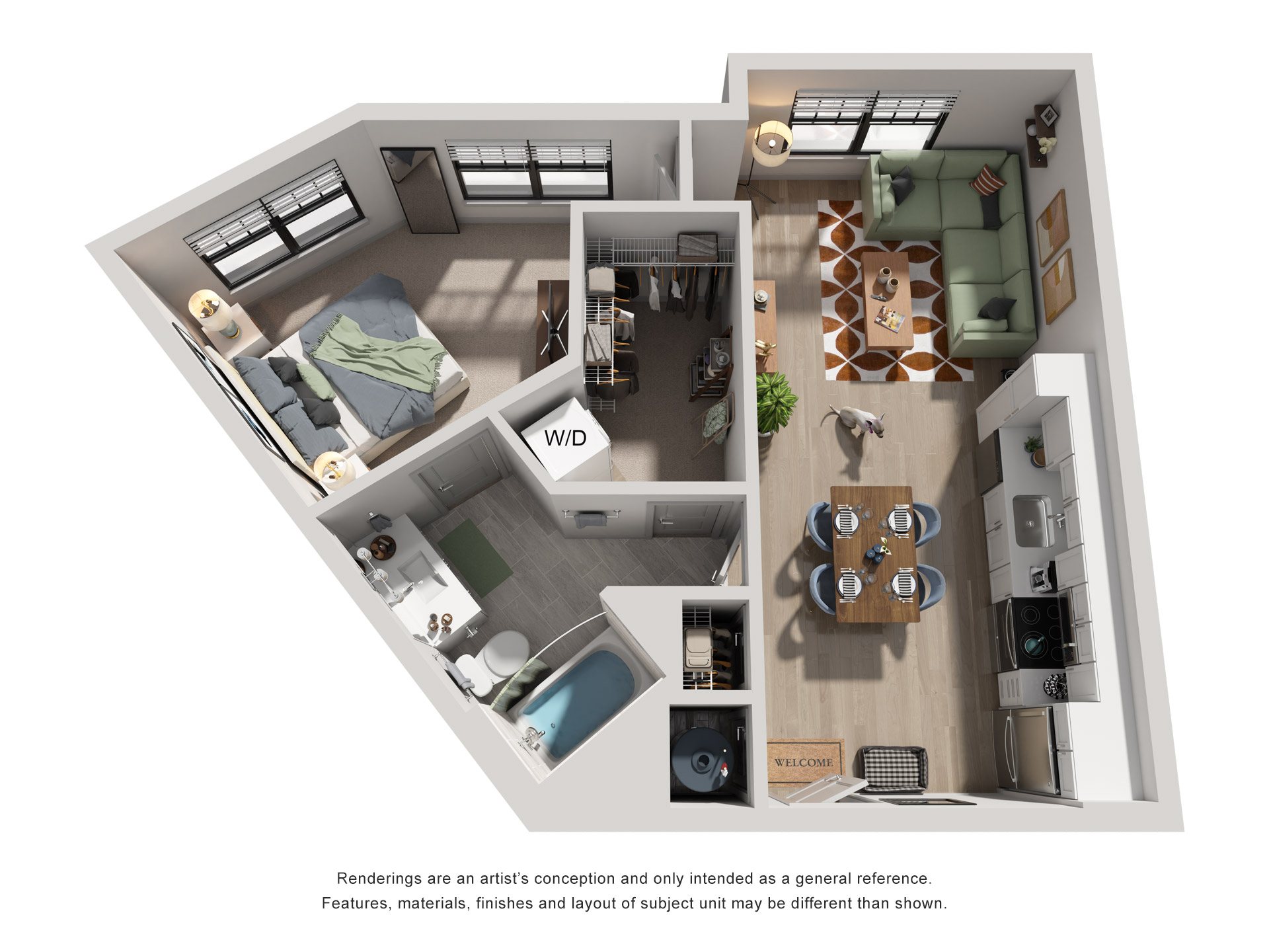 Floor plan for 1 bed, 1 bath, 670 sqft